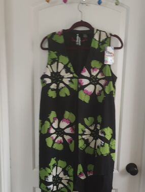 Desigual Sleeveless Black Floral V-Neck Asymmetrical Dress— Green & Pink Accents